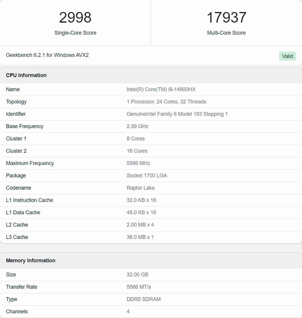 Leader des performances Intel Core i9-14900HX dans Geekbench Leader des performances Intel Core i9-14900HX dans Geekbench