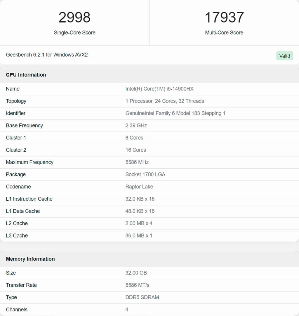 Leader des performances Intel Core i9-14900HX dans Geekbench